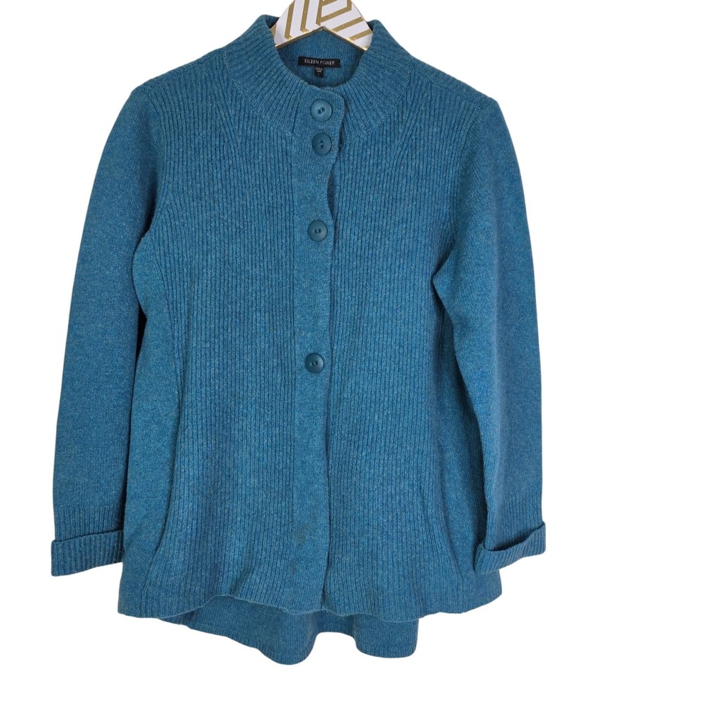 EILEEN FISHER Cardigan Sweater Womens Large Blue Lambswool Cashmere Mock Neck